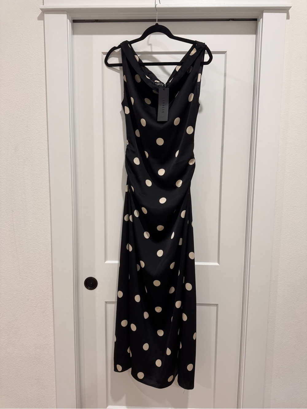 Lioness Black Satin Polka Dot Slip Dress with Ivory Dots